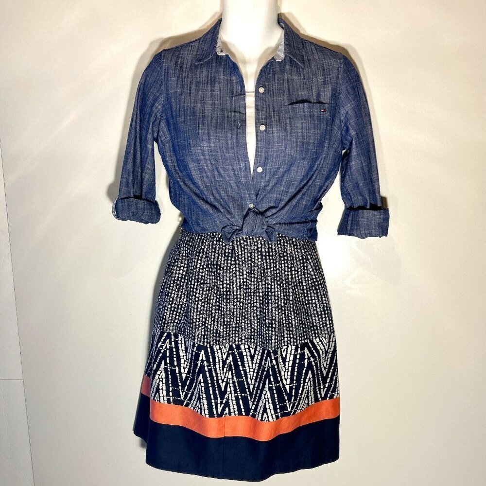 George SZ18 Navy cotton print pleated flare skirt Boho Southwestern Office Ranch